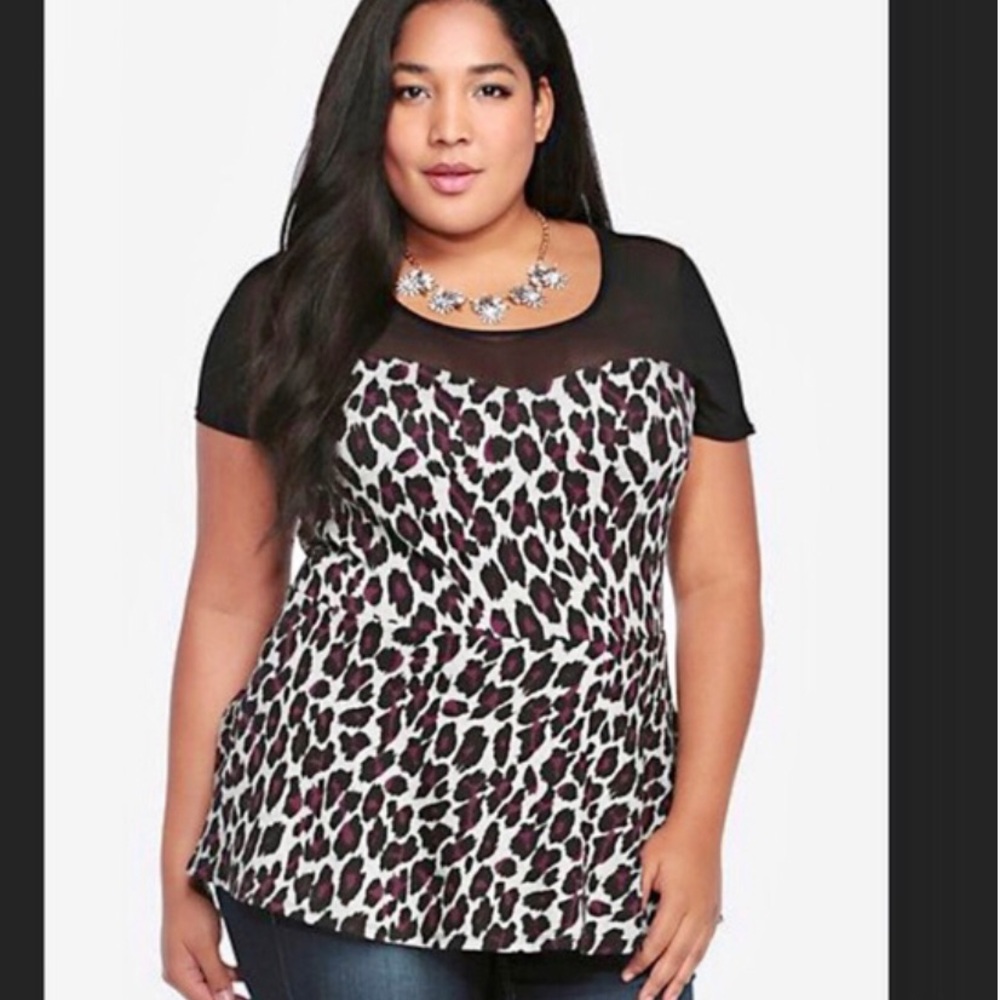 Torrid Top Black Mesh Grey Purple Leopard Peplum 1